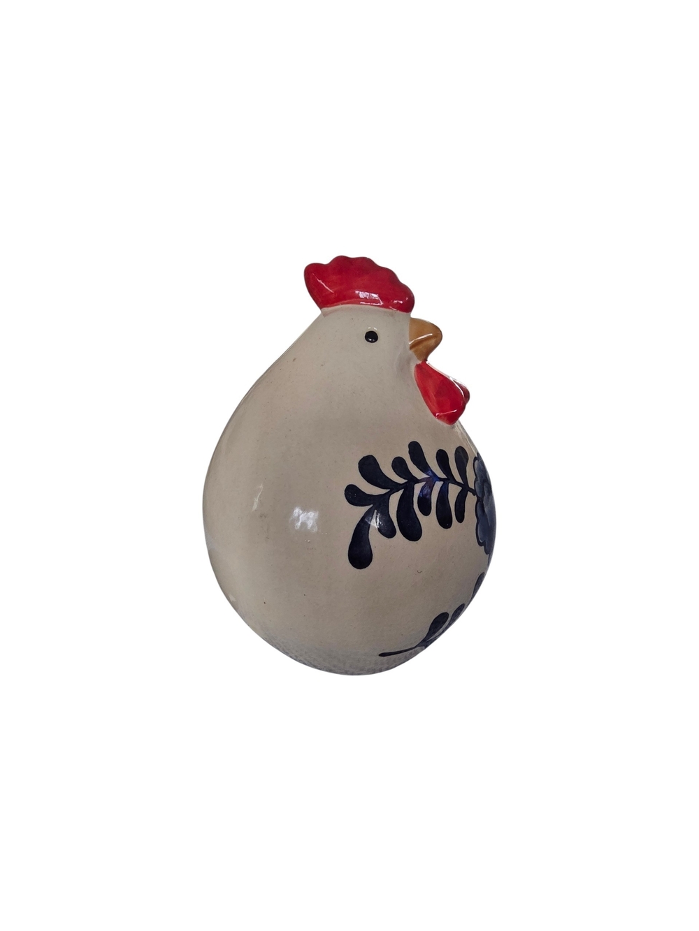 Scandinavian Style Cream Ceramic Hen Figurine with Red And Blue Accents
